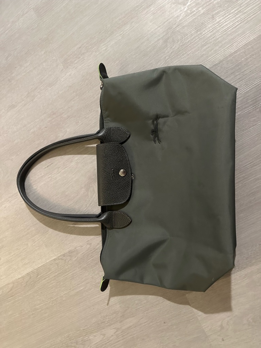 Longchamp Olive Green Nylon Tote with Black Leather Trim